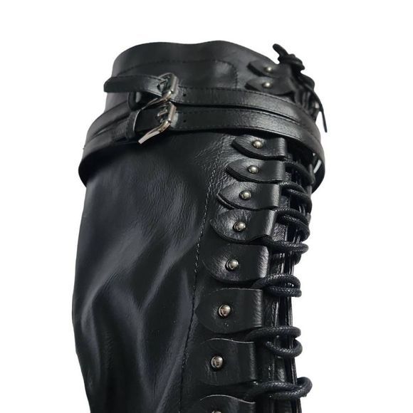 Illude Ladies Timberly Black Knee High Lace Up Buckle Military Boots - Size 7 - Picture 6 of 9